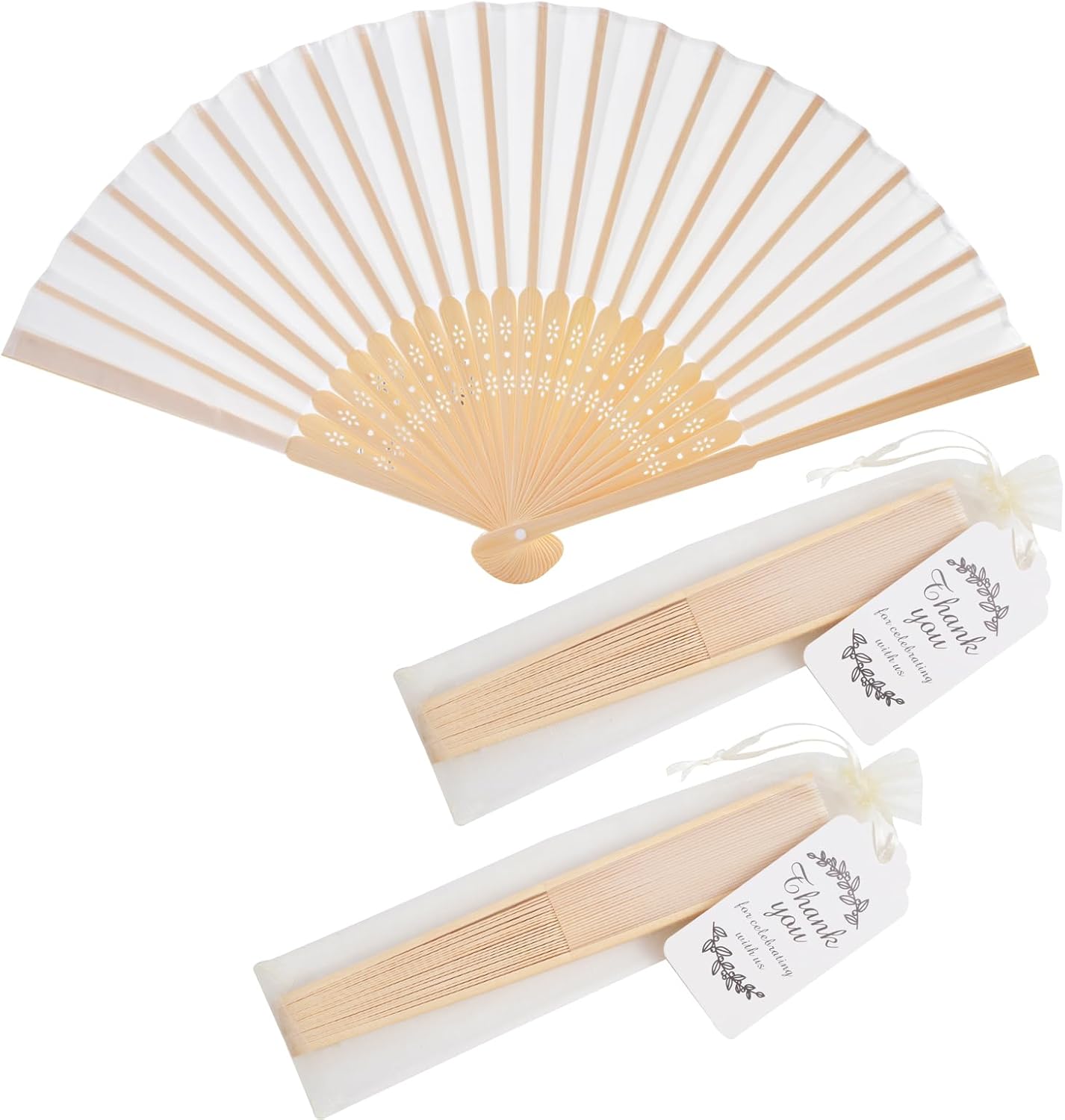 50pcs Fabric Hand Fan Fabric Bamboo Handheld Folded Fan with Organza Bags and Thank you Tags Wedding Party Favors (Pink)