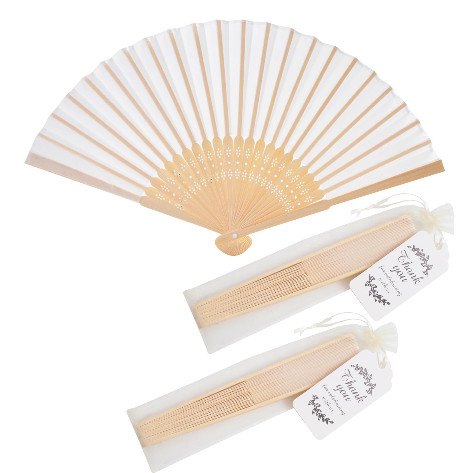 50 Stück Stoff-Handfächer aus Bambus, Handfächer, gefaltet, mit Organza-Beuteln und Dankesanhänger, Hochzeitsgeschenk, cremefarben