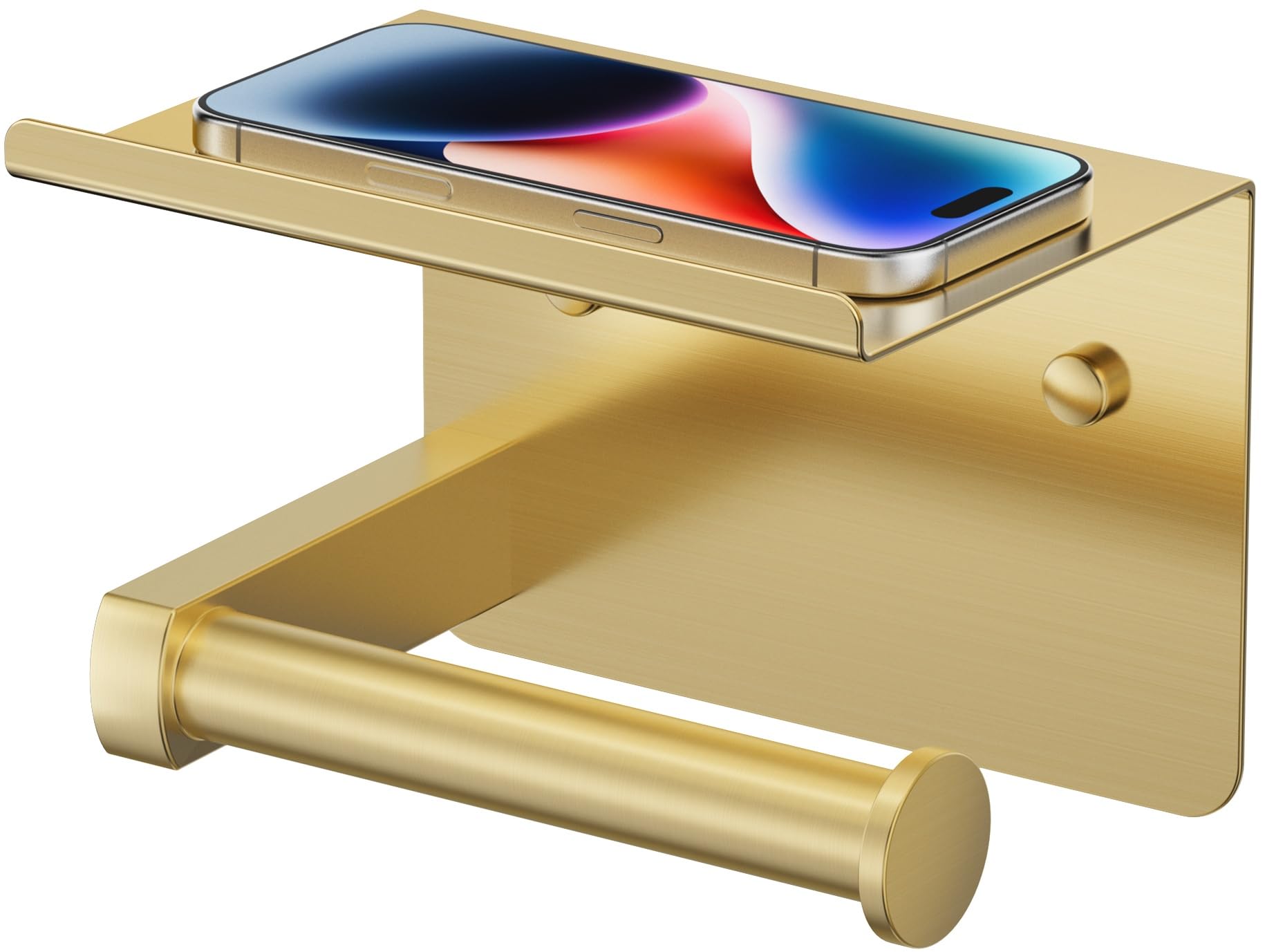 forious toilet paper holder with shelf, adhesive or screw wall mount toilet paper roll holder for bathroom, 304 stainless steel commercial toilet tissue roll dispenser with phone shelf (brushed gold)