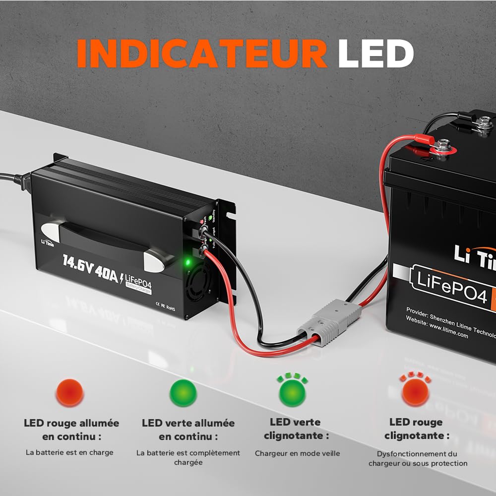 LiTime Chargeur de Batterie 40A LiFePO4 Lithium 14.6V - Chargeur Intelligent pour Batteries LiFePO4 12V/12.8V – avec Affichage LED, Interrupteur Marche/Arrêt, Connecteur Anderson (AC-DC)