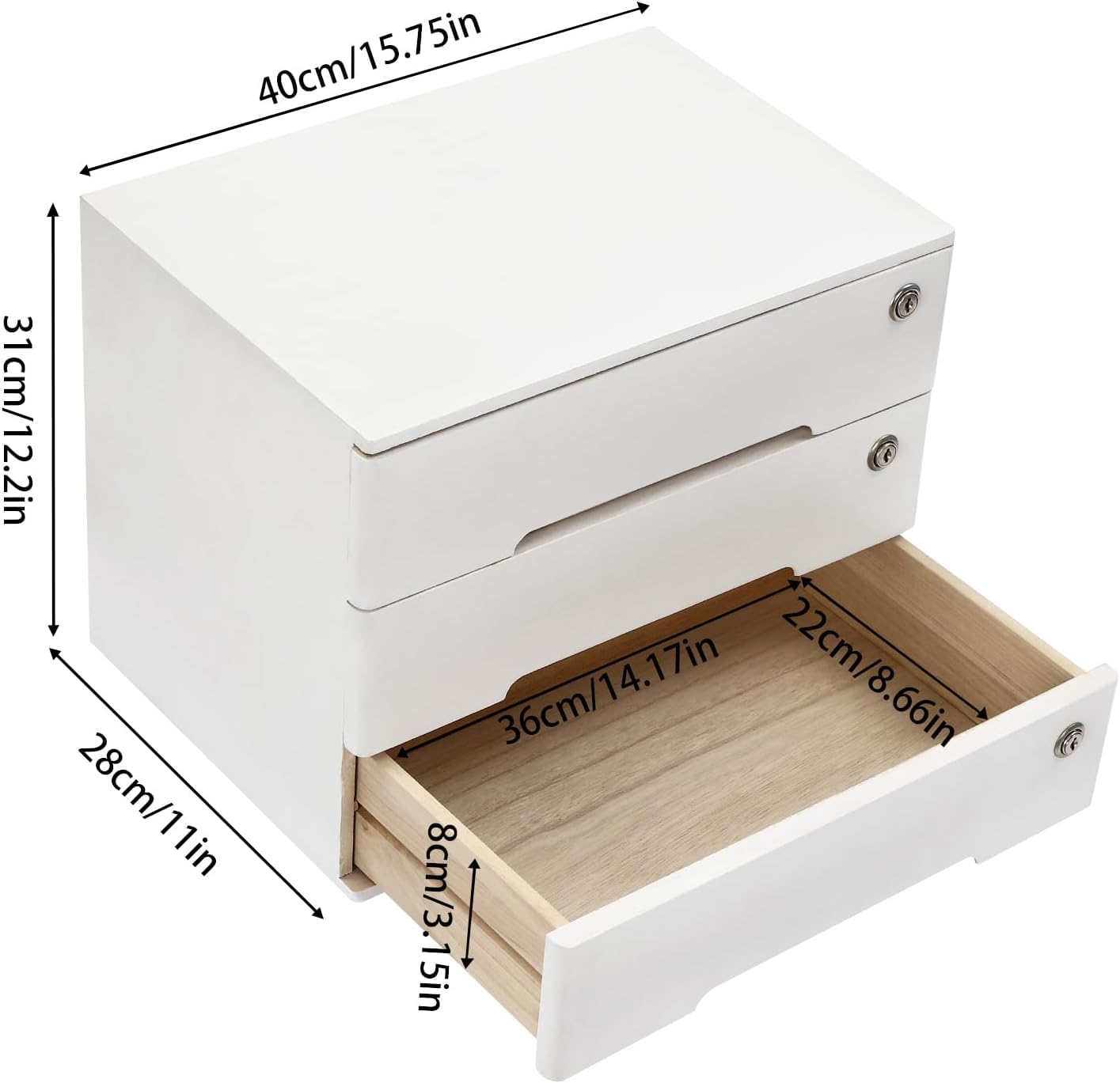 Organizer da Scrivania in Legno con Serratura E Cassetti - Elegante Contenitore da Scrivania per Articoli da Ufficio, Carta, Gioielli, per Organizzare Cassetti E Ripiani White 3 Tiers