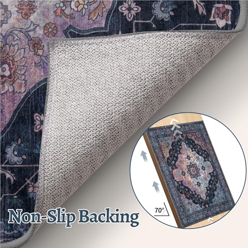 Image of Tangsoo 2x10 Washable Runner Rug for Hallways, Non Slip Vintage Runner Soft Low Pile Long Rug Runner, Print Distressed Navy /Mlulti Carpet Runners for Kitchen Bedroom Entryway Bathroom Living Room