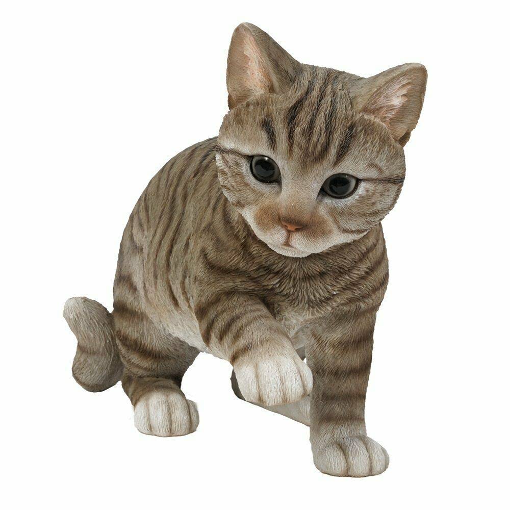 HomDEc Lifelike Pawing Grey Tabby Cat 13.75" Long with Glass Eyes Hand Painted