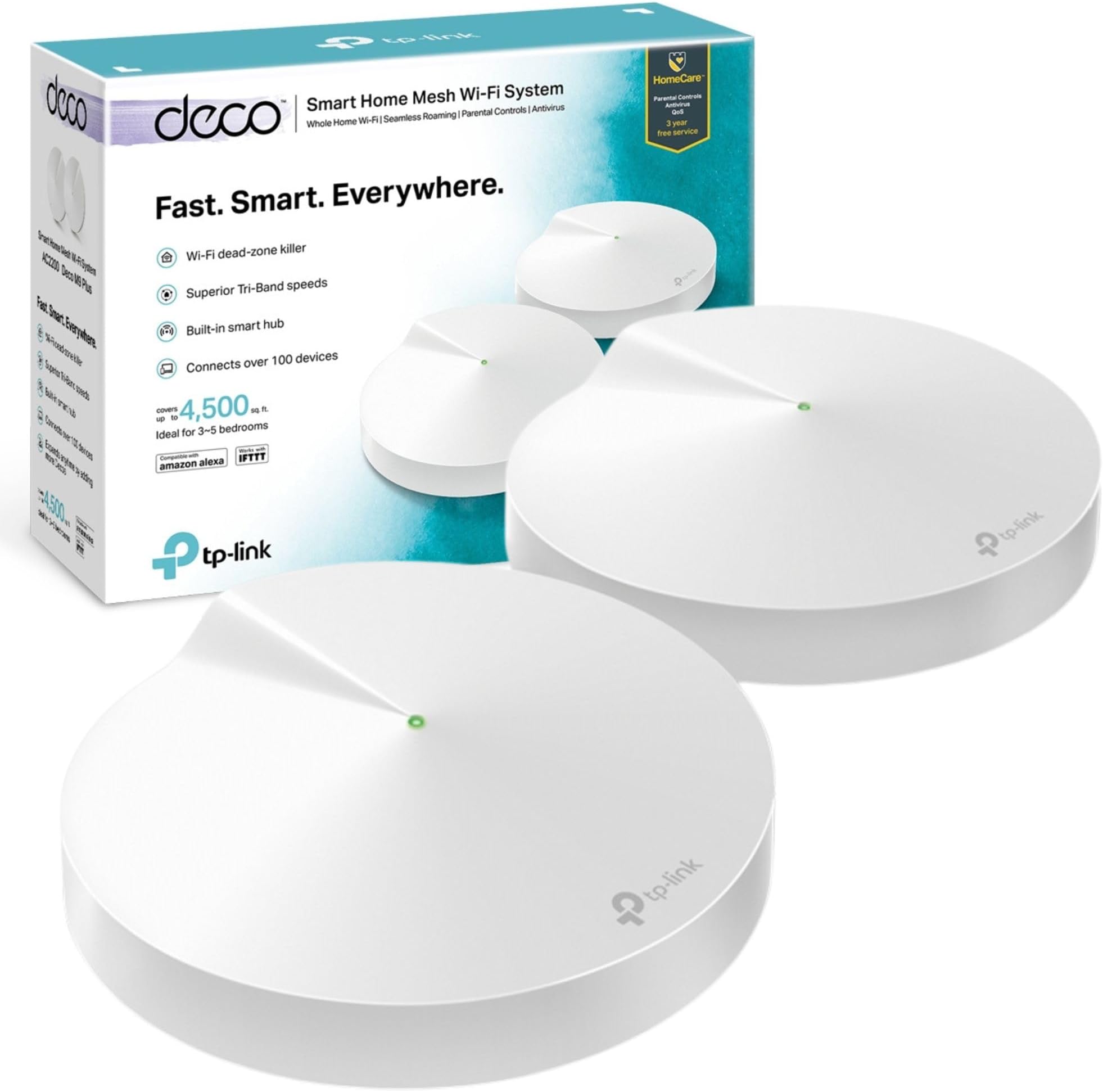 TP-Link Deco M9 Plus Whole Home Mesh Wi-Fi with Built-in Smart Home Hub, Up to 4500 sq ft Coverage, Works with Amazon Echo/Alexa, Wi-Fi Booster, Antivirus and Parental Controls, Pack of 2