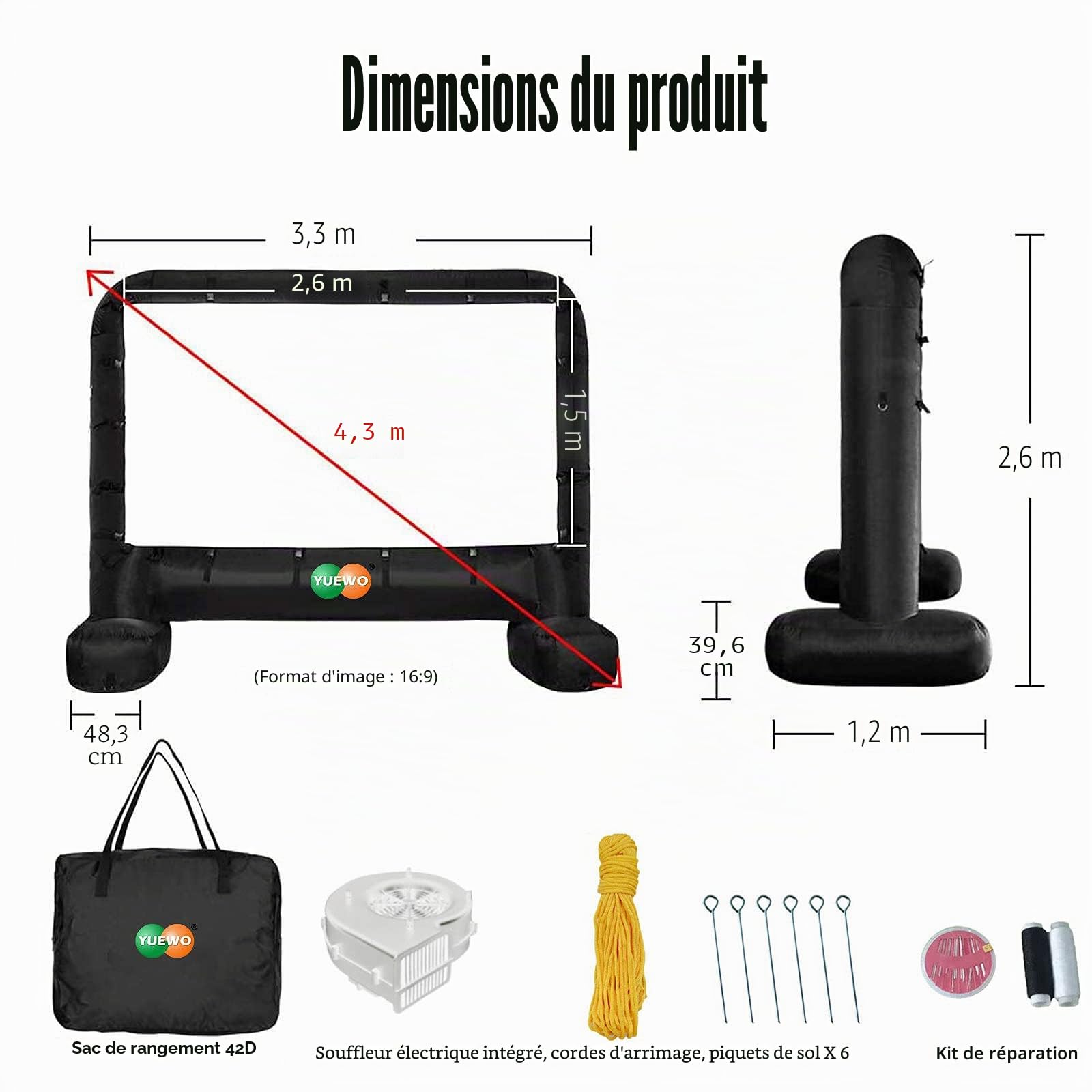 Fayelong Écran De Projecteur Vidéo Extérieur?Écran pour Vidéoprojecteur Gonflable avec Sac De Transport écrans De Projection TV Et Home Cinema (Souffleur Intégré)