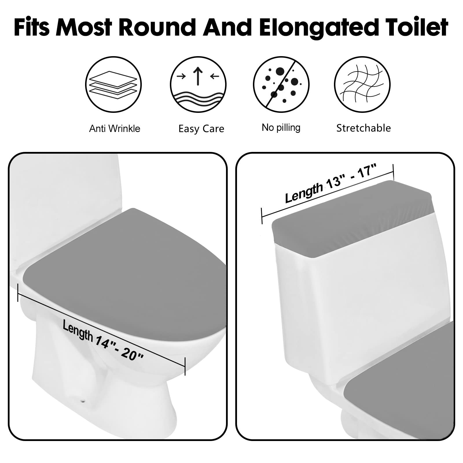 Copriwater e copriwater per WC, set di coprisedili per WC, in tessuto spandex elasticizzato, lavabile, adatto alla maggior parte dei serbatoi e dei coperchi per WC, grigio
