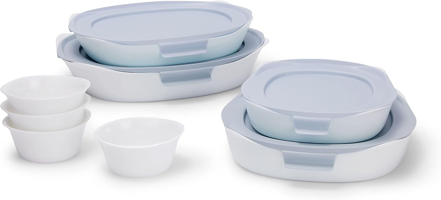 Rubbermaid Glass Baking Dishes for Oven, Casserole Dish Bakeware, DuraLite 12-Piece Set, White (with Lids) 12pc Set