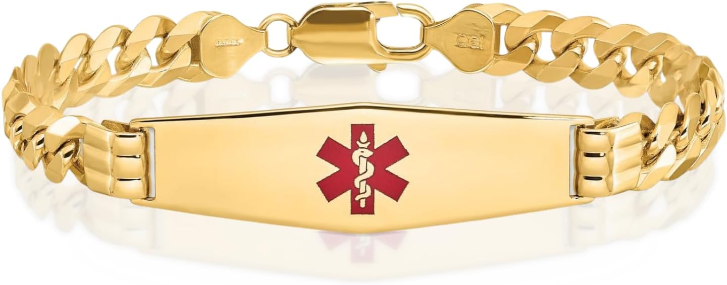 IceCarats 14K Solid Yellow Gold Medical Alert Curb Link Name Bar Identification ID Bracelet