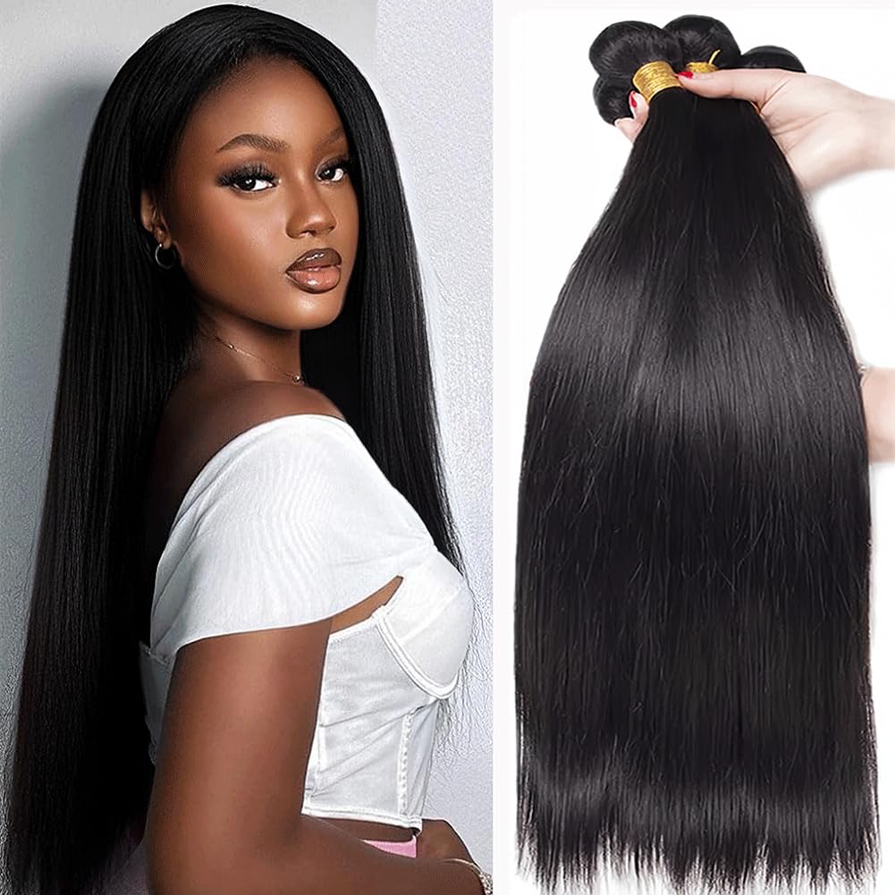 12A Grade Brazilian Virgin Straight Hair 4 Bundles 20 22 24 26 Inch Straight Human Hair Bundles 100% Unprocessed Straight Virgin Remy Human Hair Bundles Natural Color