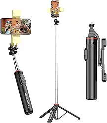 H'MASTON Tripe para Celular Bastao de Selfie Pau de Selfie com Duplo Luz de LED e Controle Remoto Bluetooth Sem Fio Removível para Celular ZP-15 (PRETO)