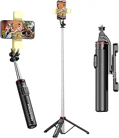 H'MASTON Tripe para Celular Bastao de Selfie Pau de Selfie com Duplo Luz de LED e Controle Remoto Bluetooth Sem Fio Removível para Celular ZP-15 (PRETO)