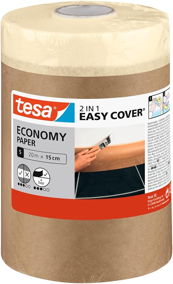 Easy Cover Universal Paper - 2-in-1 Painter's Masking Paper with Self-Adhesive Masking Tape for Painting Work and Renovations - 20 m x 15 cm