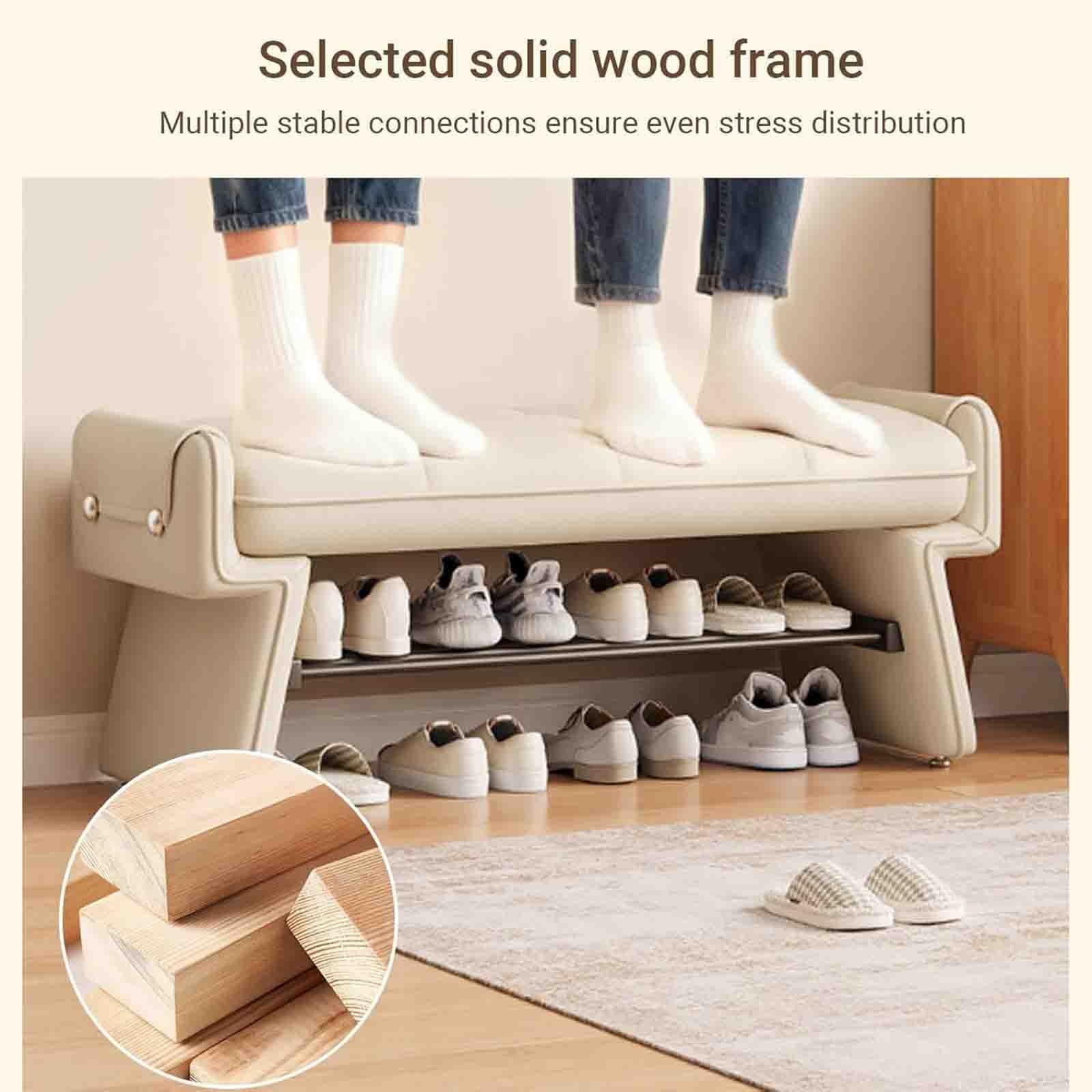 Panca imbottita per cambiarsi le scarpe all’ingresso | Panca ottomana moderna di lusso in pelle vera, con struttura in legno massello e tubi rinforzati(Brown,143x30cm)