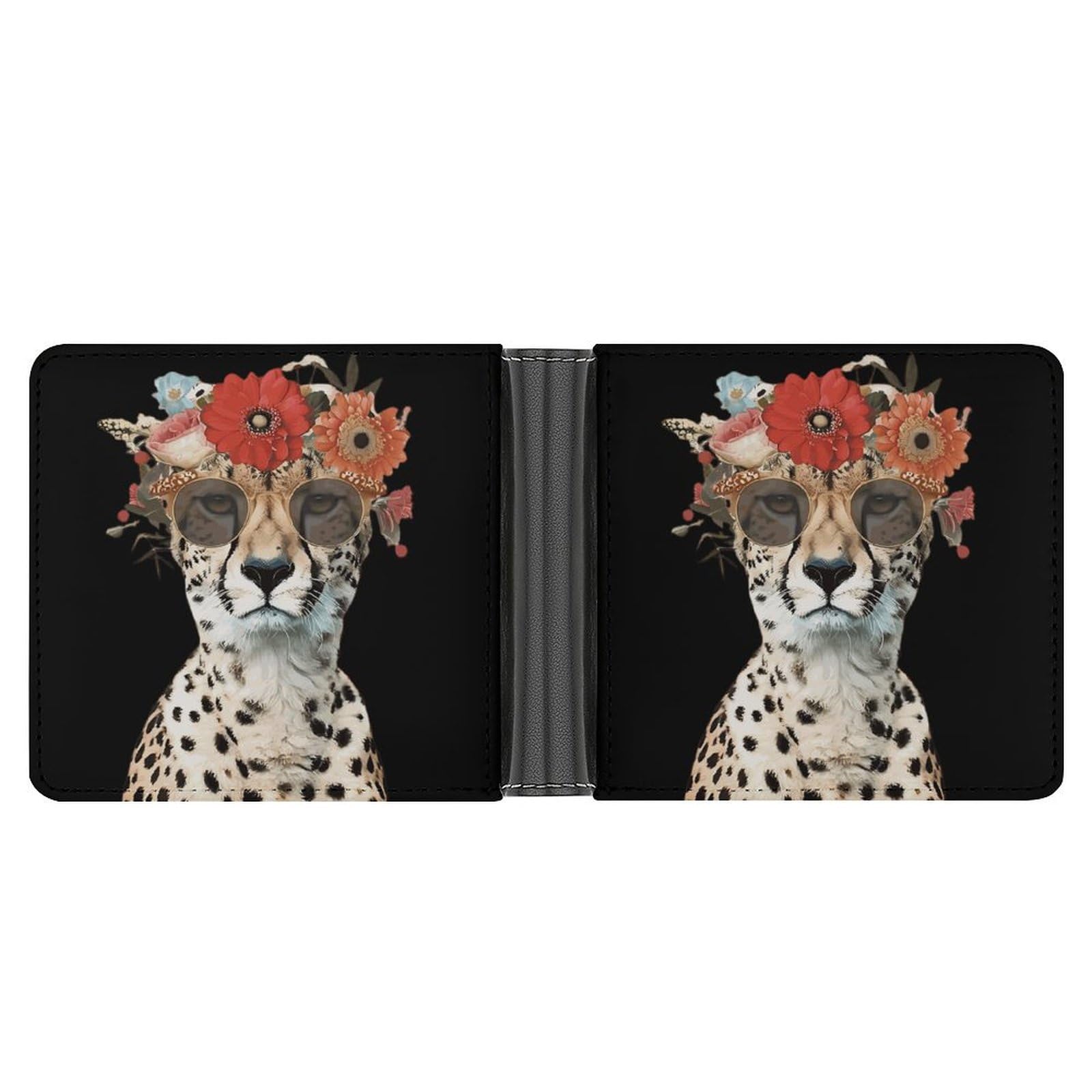 Cheetah Floral Glasses Funny Men's Slim Bifold Wallet with Multiple Card Slots Front Pocket Purse