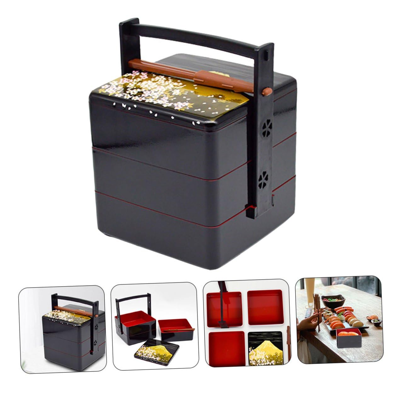 Boîte à Lunch Bento Japonaise Noire Réutilisable en Abs Design à Trois Couches, Pratique et Étanche, pour Repas en Plein Air à Emporter