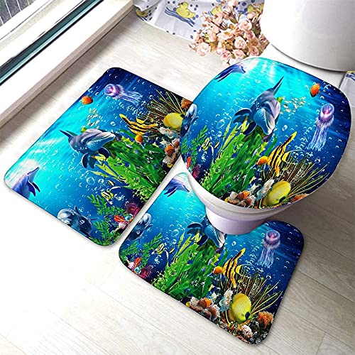 Set 3 Teilig Badvorleger Blue Ocean Underwater Scene Delfin- Und Pflanzenmeerestier-Quallen-Korallenriff Und Tropischer…