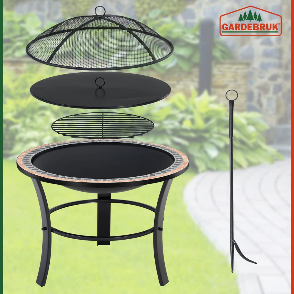 Brasero Rond Sevilla Ø 76 cm Acier laqué Pierres mosaïque Accessoires Couvercle Jardin terrasse feu Bois Charbon briquette Barbecue