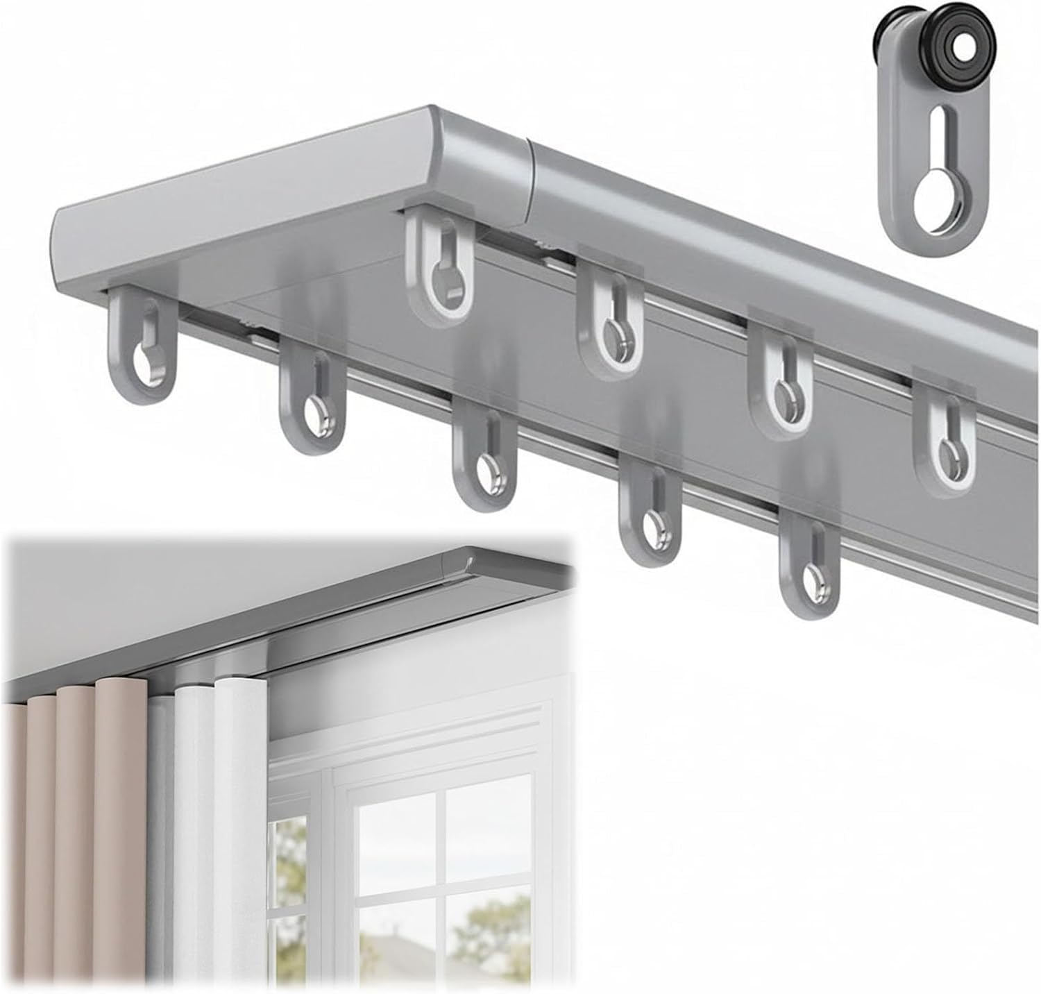 Cicha aluminiowa szyna dwutorowa 590 cm – bezgłośna szyna sufitowa do zasłon i przegród pomieszczeń, idealna do szarych paneli i gładkiego systemu przesuwnego