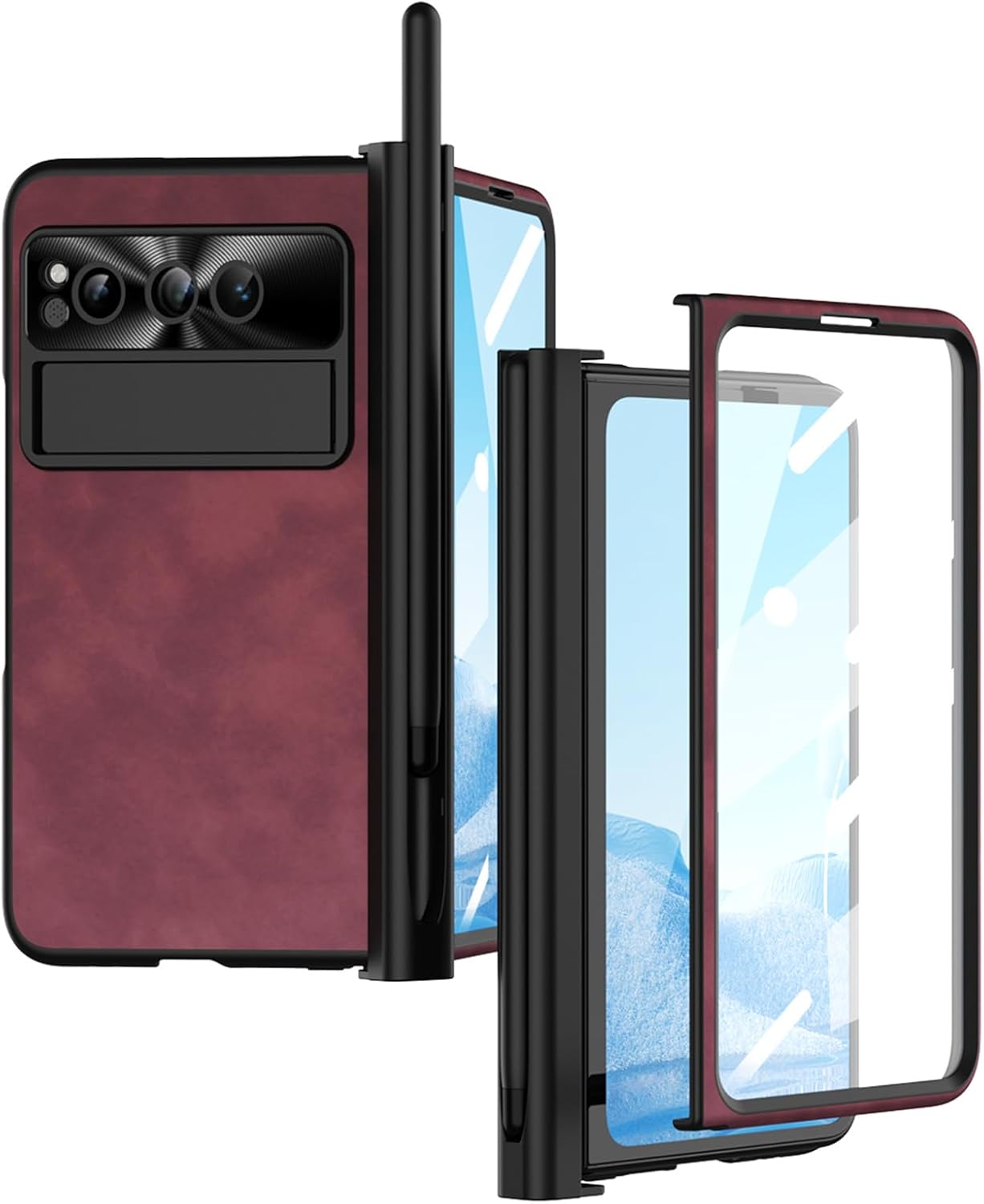 Case for Google Pixel Fold 5G 2023, Upgraded Magnetic Hinge Protection Ultra-Thin Slim Fit Luxury Nappa Leather Cover with Built-in Screen Protector & Hidden Kickstand