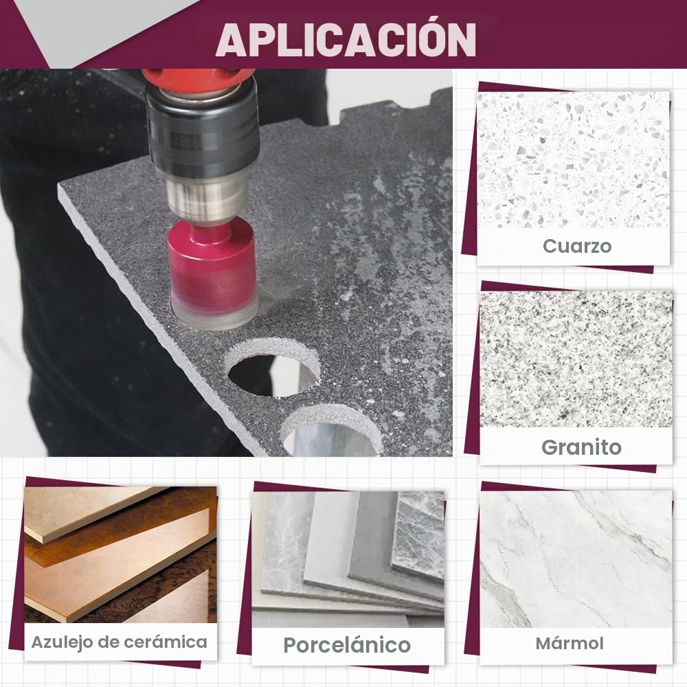 Brocas de Diamante 11 Piezas - 9 Coronas 6/6/8/20/25/35/45/50/65mm, 1 Broca de Carburo 6mm, 1 Fresa Biselado 50mm para Cerámica, Porcelánico, Azulejos, Mármol y Granito
