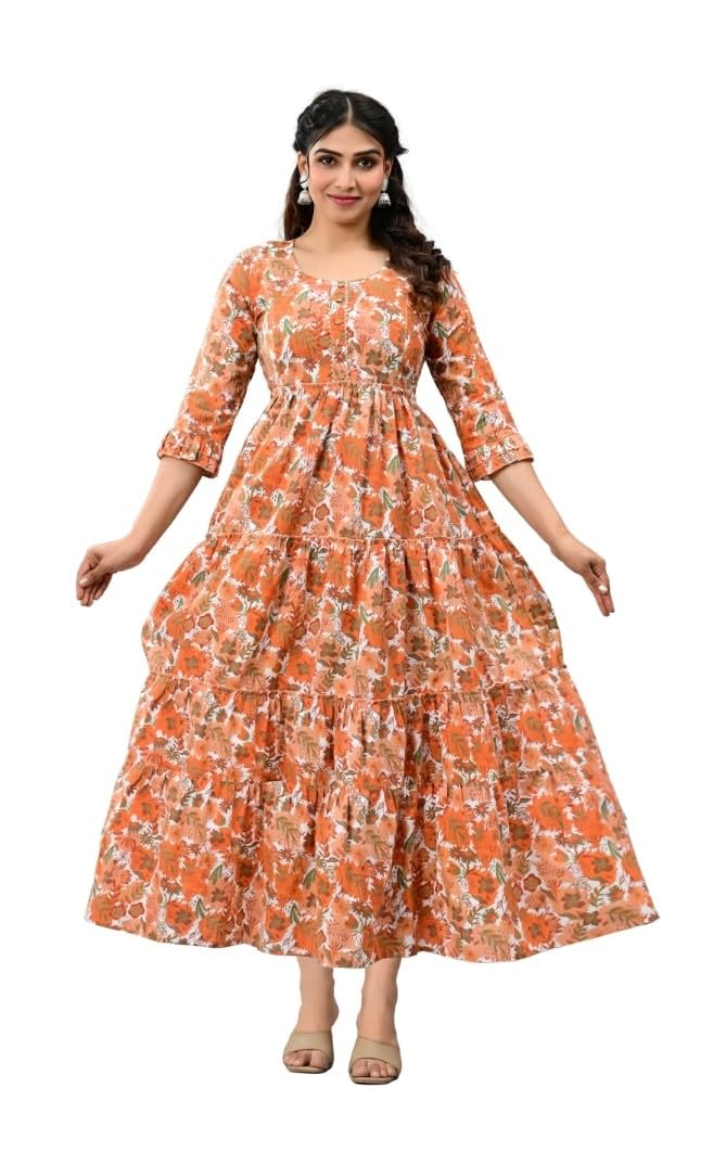 Women’s Cotton Maternity & Feeding Gown | Rust Orange Floral Print Frill Maxi Dress with Double Side Zippers | Comfortable Nursing Kurti Dress for Pregnancy-image-22
