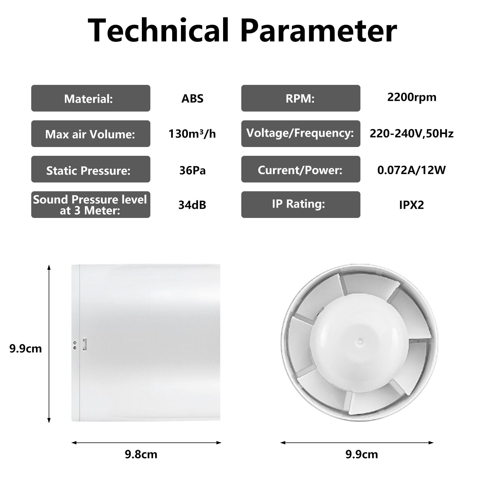 Ventilatore Estrattore D'aria, Economico 100mm, 12W/130m&sup3;, Estrattore