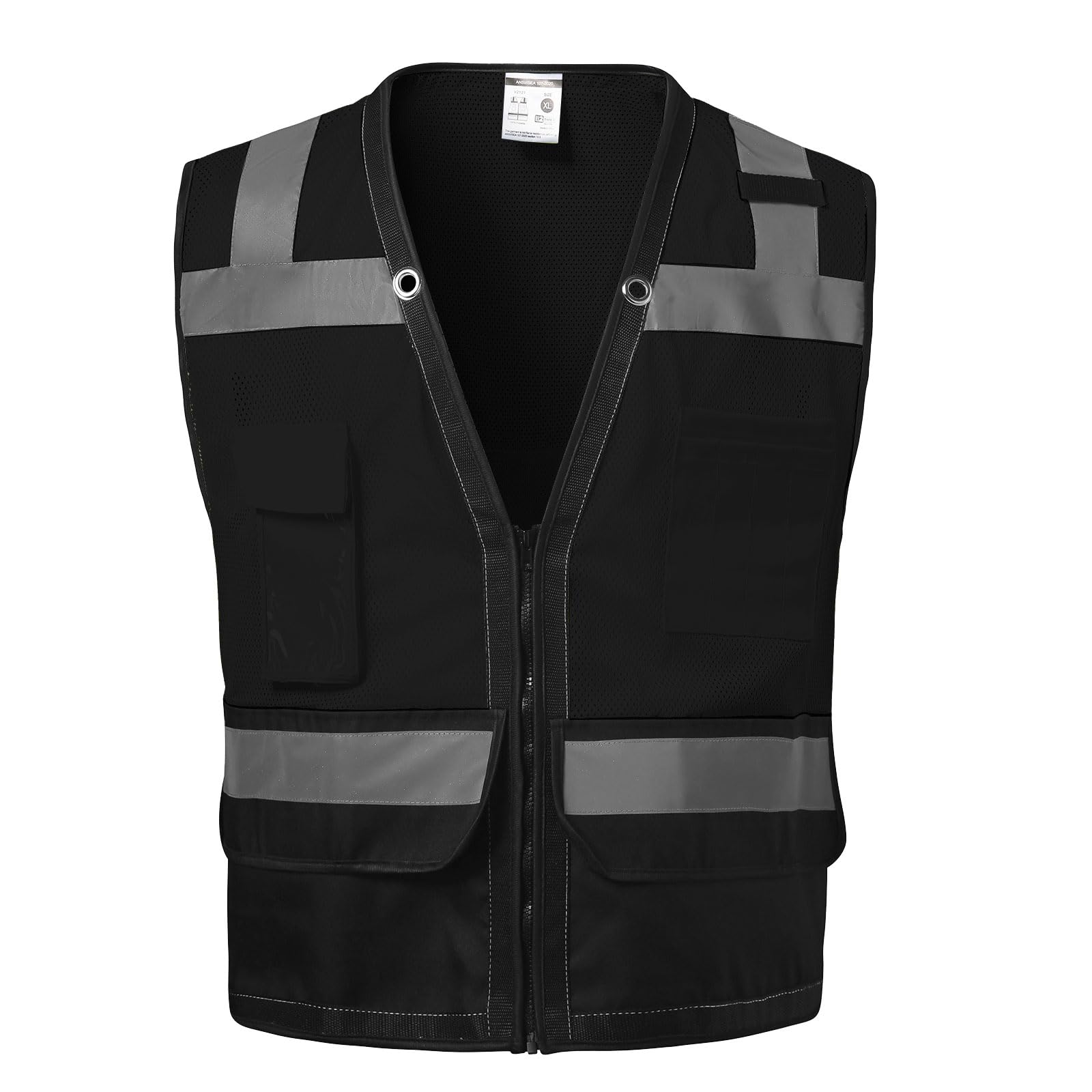 DPSAFETY Reflective Safety Vest with Back Pouch, Hi Vis Class 2 Heavy Duty Surveyor Vest with Zipper, ANSI/ISEA Standard, Men's & Women's (Black, 5XL)