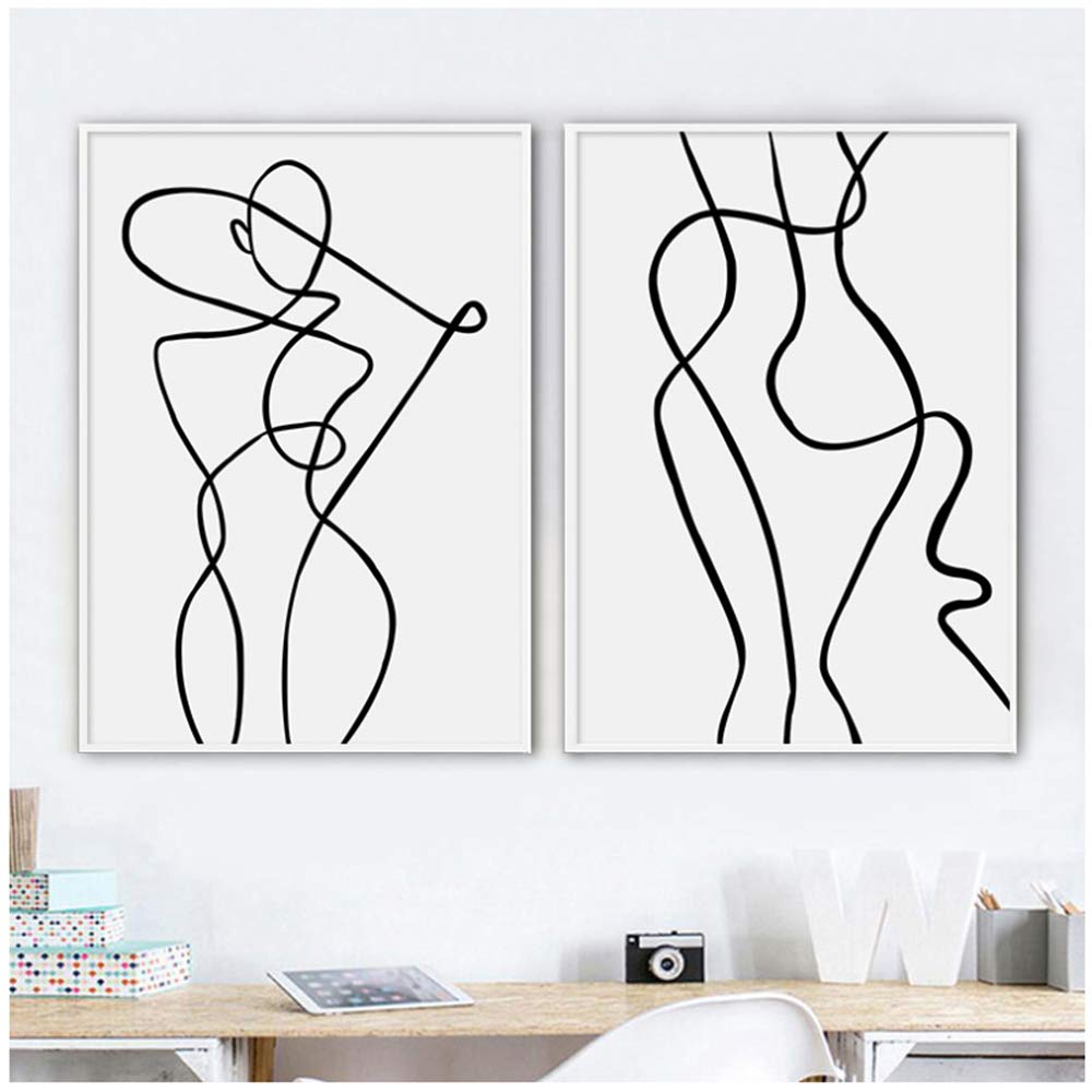 Imprimir en lienzo Arte de la pared Dibujo lineal Cartel Mujer abstracta Pintura simple Minimalista Imagen decorativa Decoración del hogar 50x70cm (19.7x27.6 pulgadas) x2 Con marco