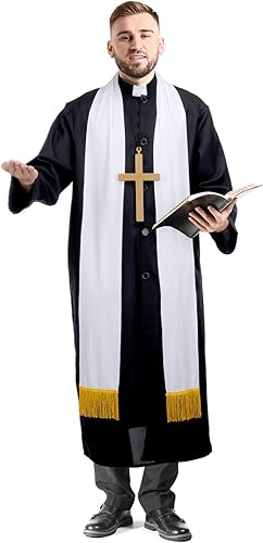 Miniatura 6 de Bonuci 3 piezas de disfraz de sacerdote para hombres adultos, disfraz de sacerdote de Halloween con bata, estola blanca con borla, collar de cruz de