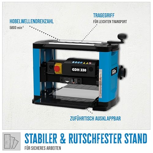 Güde 55268 Dickenhobel GDH 330 (1500 W, 2 Hobelmesser, Durchlasshöhe bis zu 152 mm, Durchlassbreite bis zu 330 mm, Spanabnahme bis zu 2,8 mm, ausklappbarer Zuführtisch, Spanabsaugstutzen)
