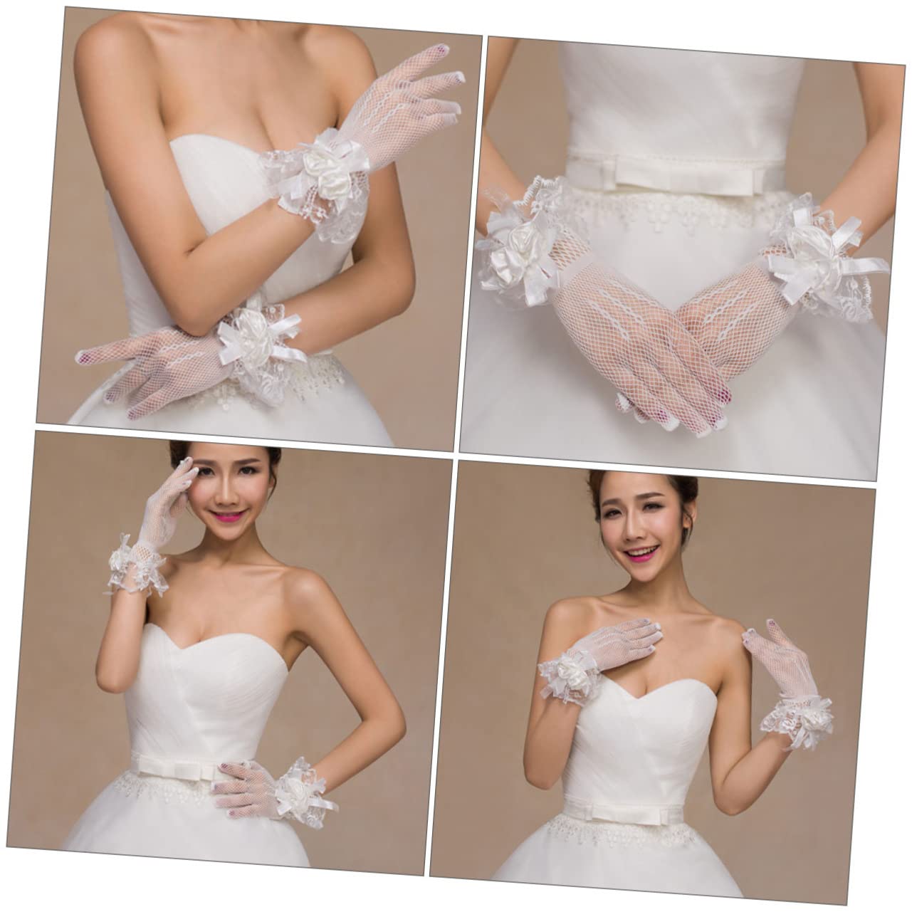 Guantes de Boda de Malla Elástica Flores, Guantes de Novia Sencillos para Eventos Formales
