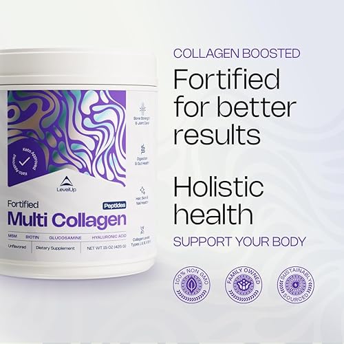 Miniatura 4 de LevelUp Multi colágeno fortificado con biotina, MSM, ácido hialurónico, glucosamina, colágeno tipos I, II, III, V y X, para articulaciones, cabello,