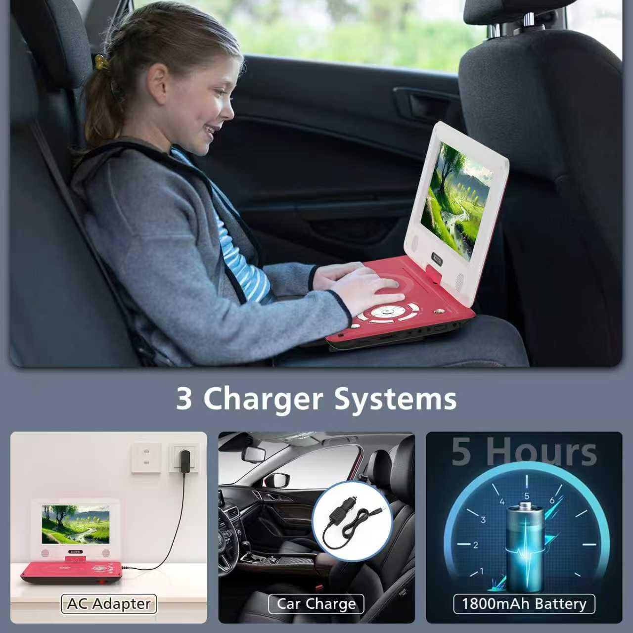 Image illustrating three charging methods for the SQQBZZ Portable DVD Player: AC adapter, car charger, and the estimated 5-hour battery life.