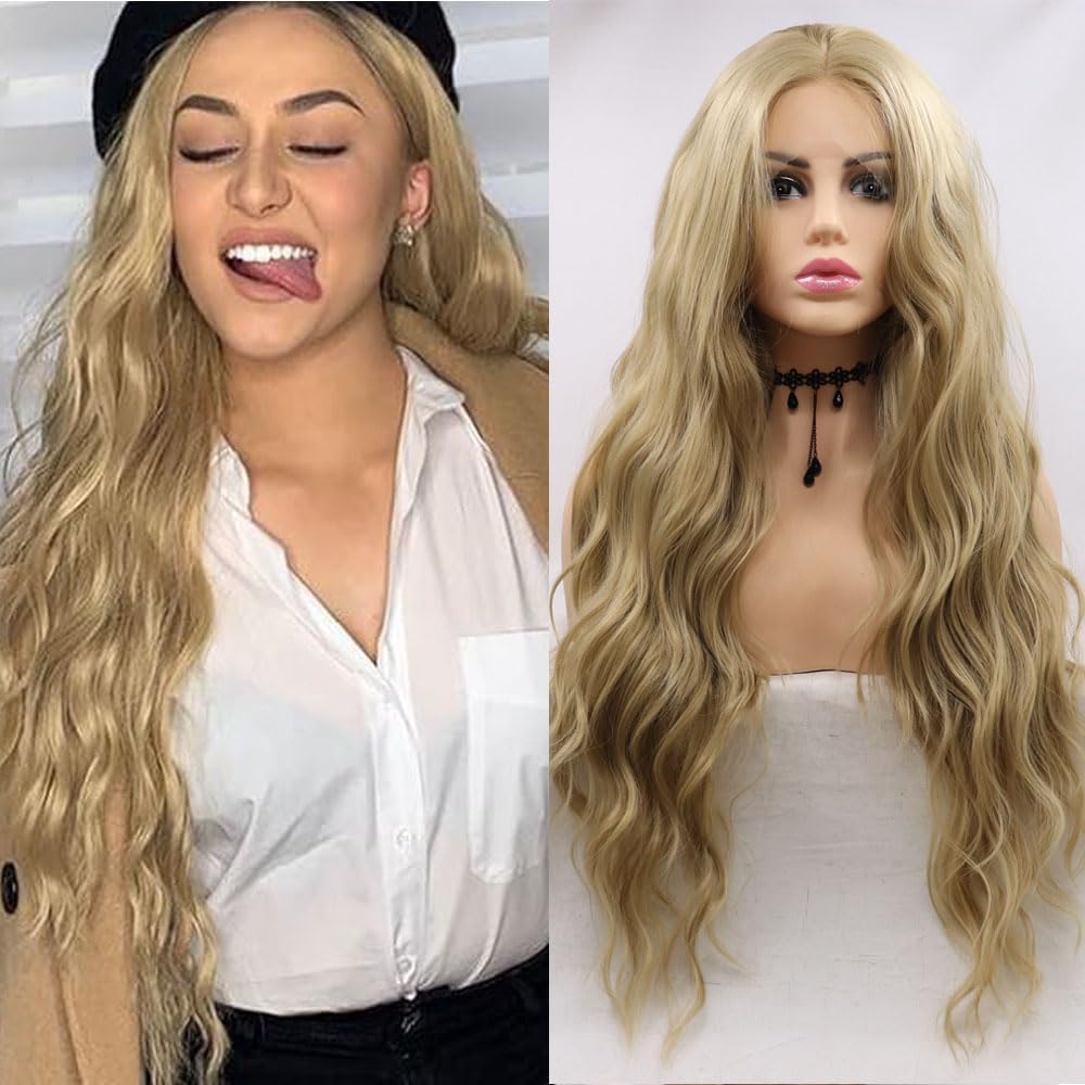 Xiweiya Wigs 6# Natural Brown Lace Wig Long Body Wave 13×3 Lace Front Hair with Heat Resistant Fiber Middle Parting Dark Brown Hair Natural Wave for Women,Drag Queen Makeup Cosplay Party 24Inches