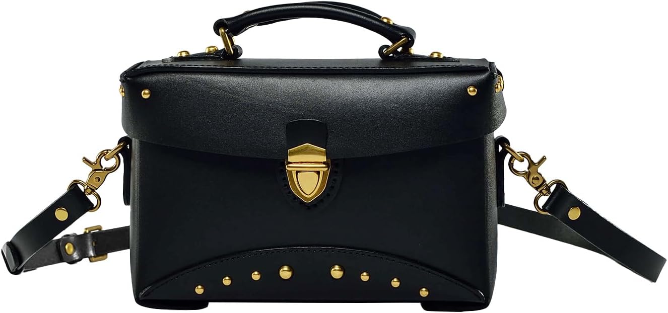 Vintage Handmade Full Grain Leather Handbag, Structured Hard Leather Purse with Metal Studs, Retro Shoulder Bag