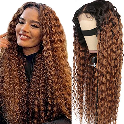 Haha Ombre Water Wave Human Hair Wigs 1b/30 Ombre Brown Curly Closure Wig for Black Women Human Hair 4x4 Lace Front Wig Pre Plucked 20 Inch