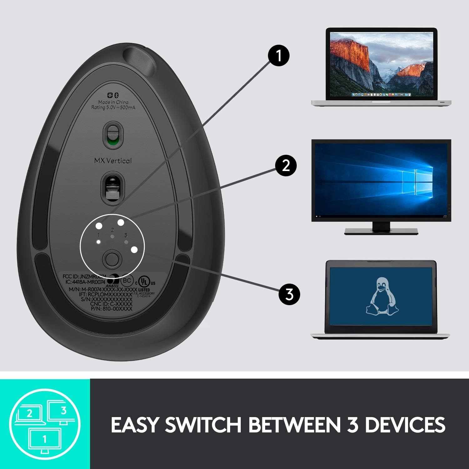 Logitech MX Vertikale kabellose Maus - Ergonomisches Design reduziert Muskelbelastung, verschiebt Inhalte zwischen 3 Windows und Apple-Computern, wiederaufladbar, Graphit