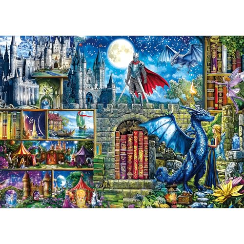 Puzzle Fantasy Library para Adultos 1000 Piezas, Castillo Caballero Dragón | Puzzle con Tema Mágico con Letra en la Parte Posterior y Póster de Referencia, 28x20 pulgadas, Juego Antiestrés, Regalo Ideal para Amantes del Arte Fantástico miniatura 1