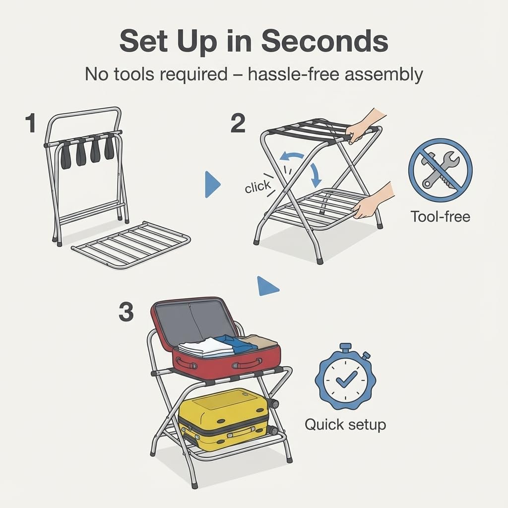 USTECH Single-Tier Luggage Rack High Back – Chrome Foldable Suitcase Stand with Portable Utility, Ideal for Guest Room, Bedroom, Hotel & Closet Storage - Easy Self-Assembly Included (Pack of 1)
