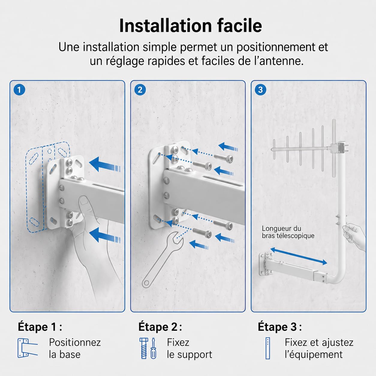 Mât d'antenne pour antennes TV, Satellite, Radio et Wi-FI | Longueur réglable (max. 83 cm), support mural robuste, support d'antenne, support d'antenne