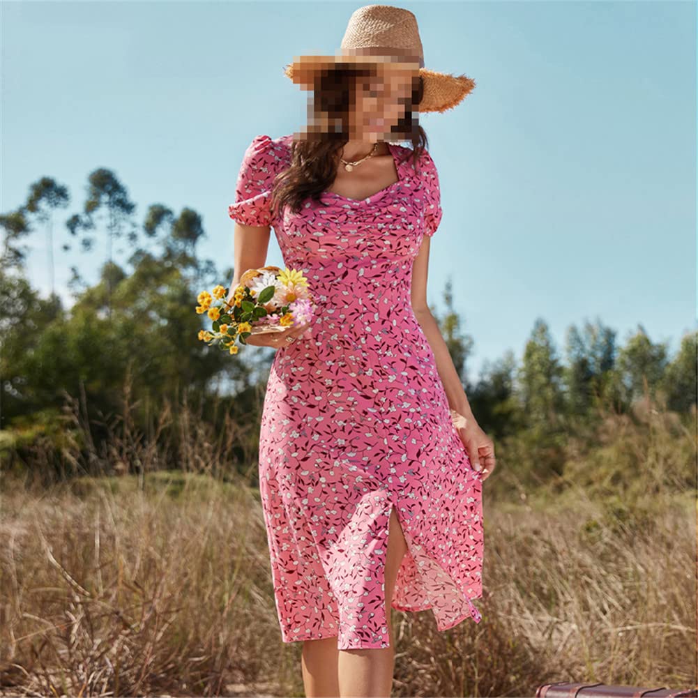 Vsadsau Vestido largo de verano para mujer, casual, ajustado, acampanado, manga corta, estampado floral, abertura lateral, vestido midi