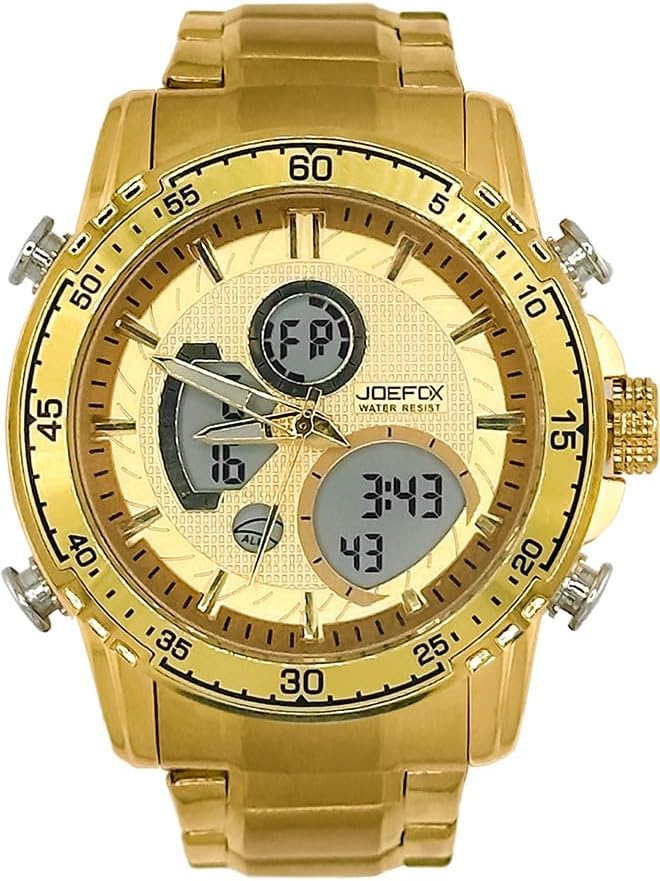 JOEFOX - Men's Golden Digital Luxury Watch | LED Analog Quartz Wrist Watch | Stopwatch Date Multi Time Zone Watch | 3 ATM Waterproof Round Golden Dial Watch | Stainless Steel Golden Band Watch, strap