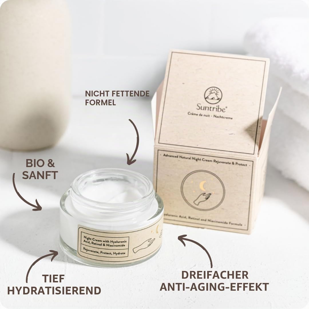 Suntribe Bio-Nachtcreme mit Hyaluronsäure, Retinol & Niacinamid / 50 ml - 3x Anti-Aging, 100% Natürlich - Feuchtigkeitsspendend, Arganöl & Aloe Vera - Nicht fettend, Parfümfrei, Vegan