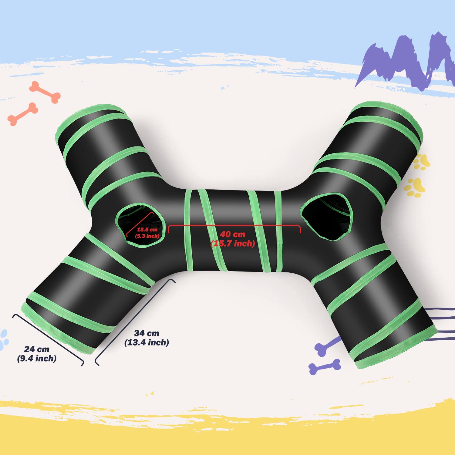 5-Wege Katzentunnel Mit Bommel & Glöckchen - Faltbar, Knister-Spielhaus Für Katzen