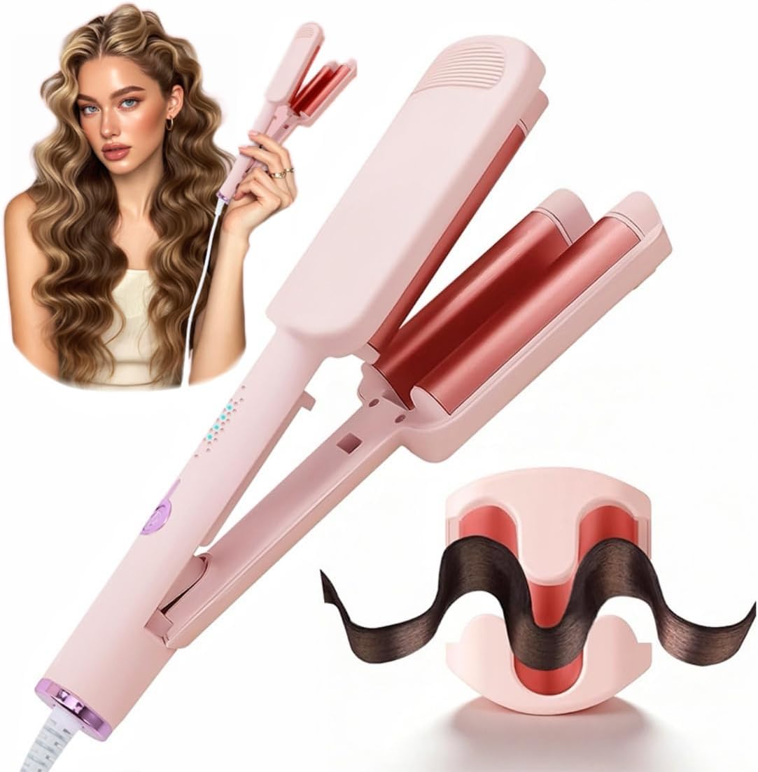 Curling Iron Hair Crimper Waver - CHIKYO 3 Barrel Rovy Wave Curling Iron, 1.25 Inch Ionic Beach Waves Curling Wand, Deep Waver Hair Curler Hot Tool with Ceramic for Women, Dual Voltage, Easy to Use