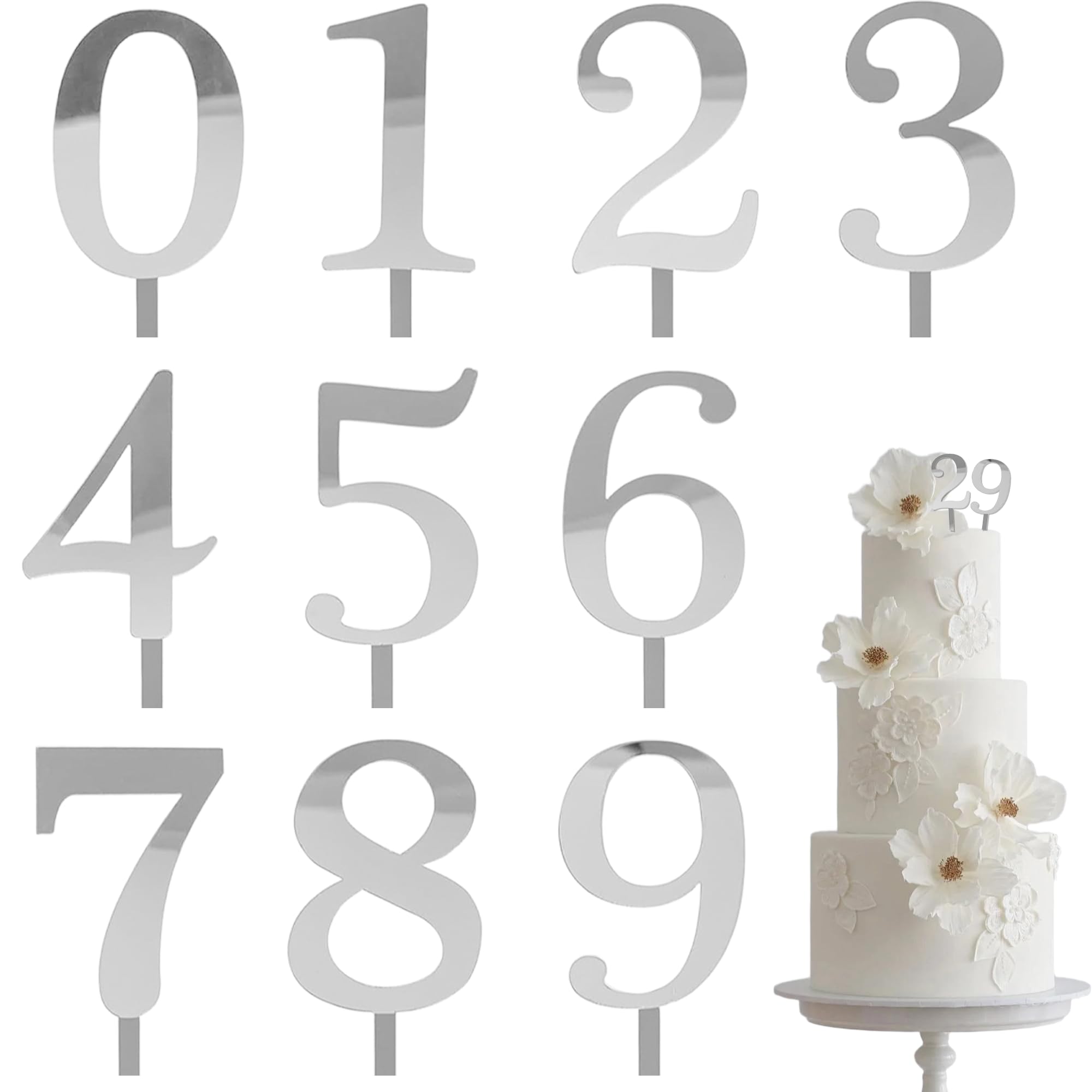 Photo 1 of 10PCS Small Sliver Acrylic Brithday Cake Decorations (0-9), Number Cake Toppers Set Suitable for Women and Men, Party Decor for Birthday Anniversary Wedding Baby Shower