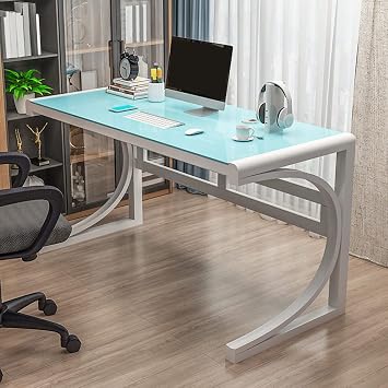 LITFAD Modern Office Desk Tempered Glass Desktop Computer Desk Home Office Study Desk with Metal Legs - 55.1" L x 23.6" W x 29.5" H White Base & Blue Table Top Without Chairs