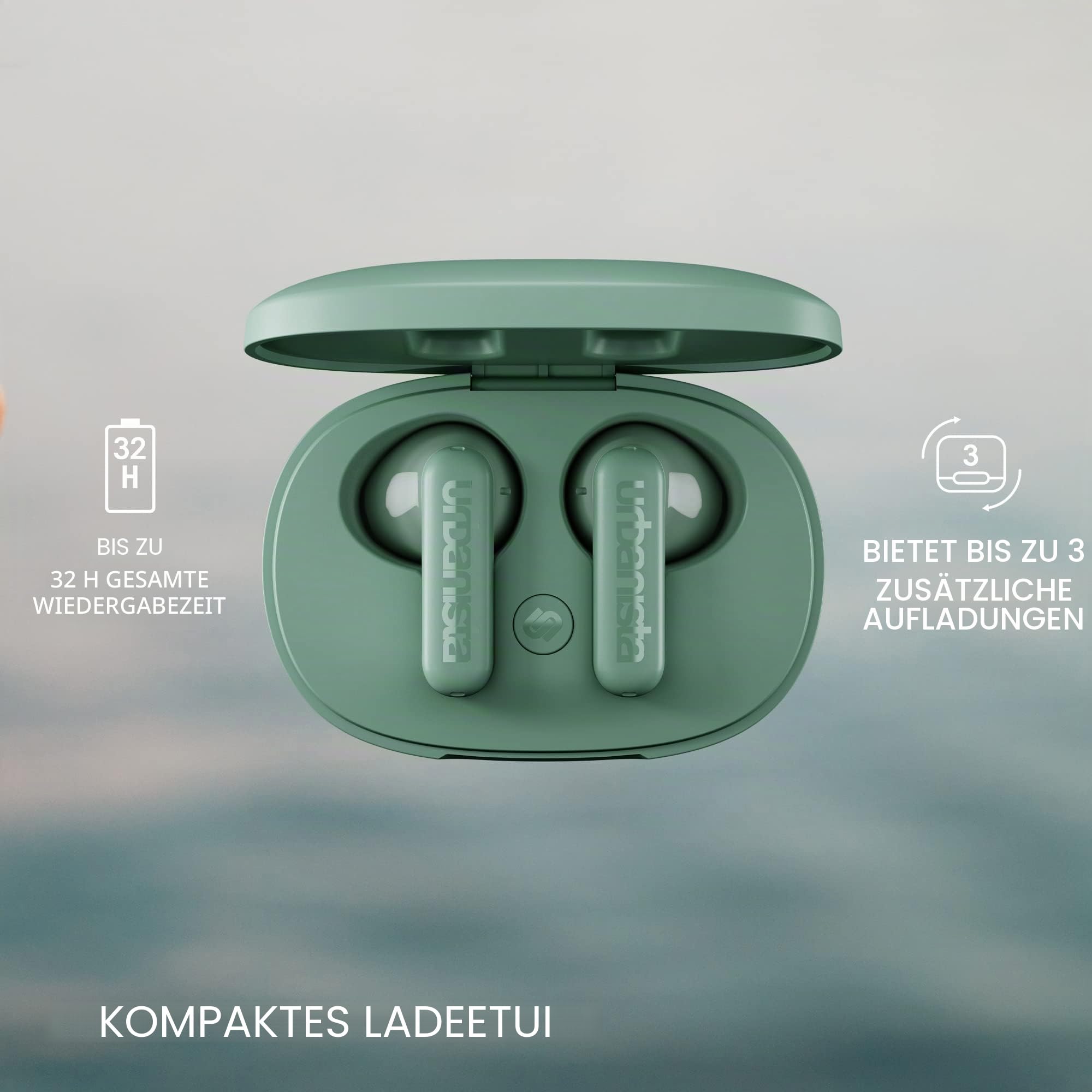 Urbanista Copenhagen True Wireless In Ear Kopfhörer Bluetooth 5.2, Touch-Bedienung Earbuds & Noise Cancelling Mikrofon, 32 Std. Spielzeit, USB C Ladecase, IPX4 Wasserabweisend, Salbeigrün