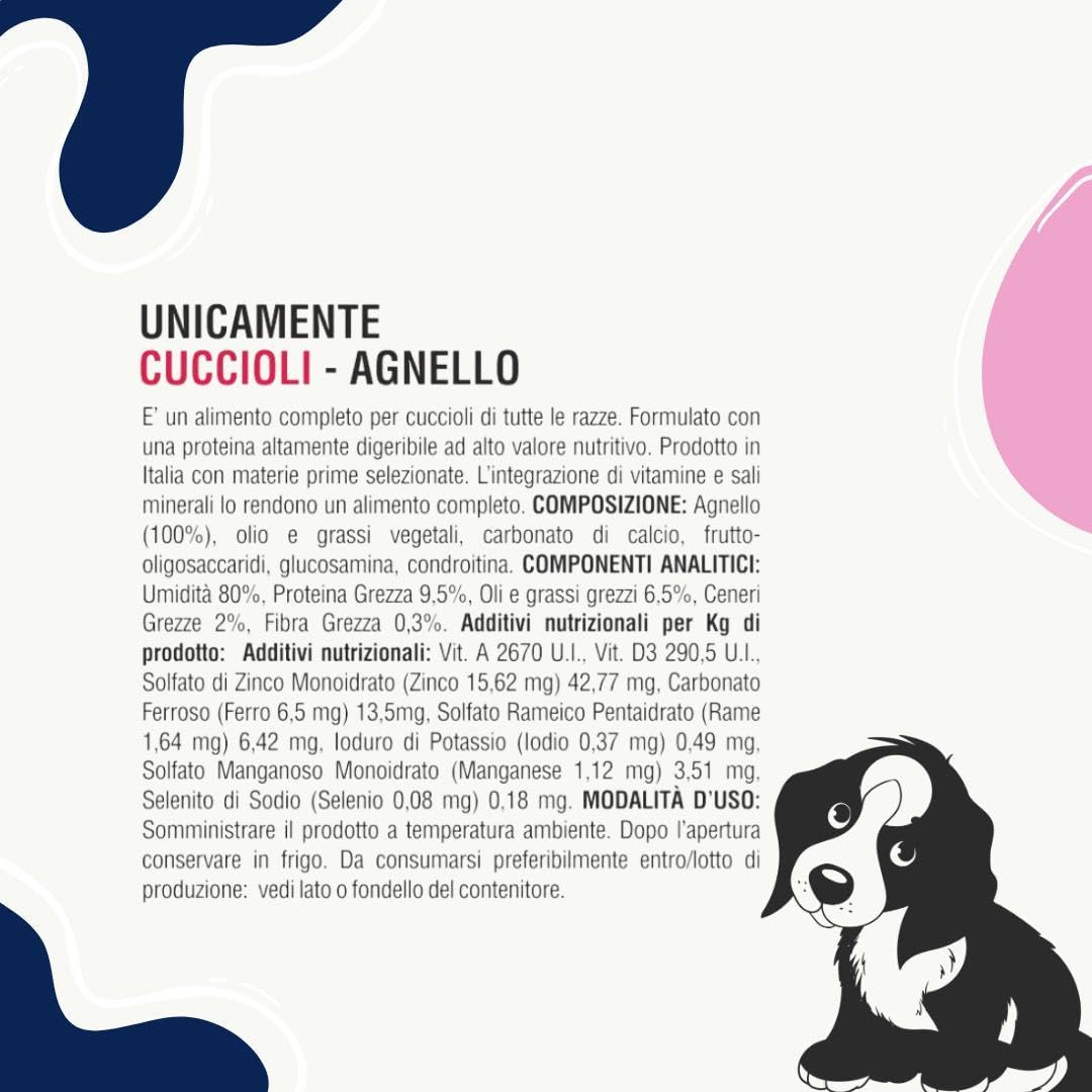 Umido Unipro Perro Unicamente Cordero, alimento completo monoproteico para perros cachorros de todas las tallas y razas | 12 recipientes de 150 gramos cada una, 12 x 150 g
