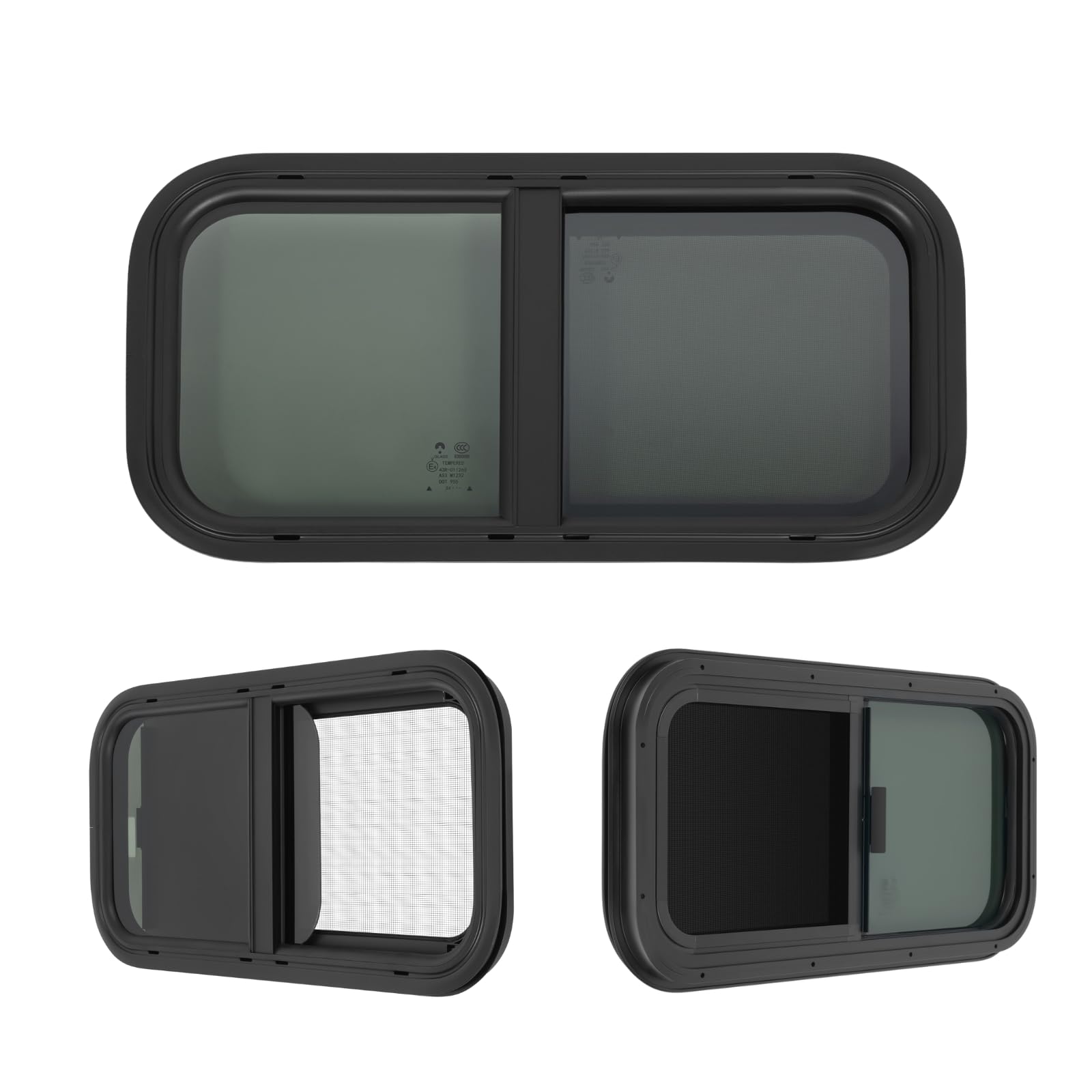 Fenêtre Latérale pour Caravane, Fenêtres Camping Car 60x30cm, Fenêtre Van Aménagé Coulissante Teintée 25%, Fenêtres Pour Camping-Car avec Moustiquaire, Vitrage Trempé, Cadre Alu, Noir